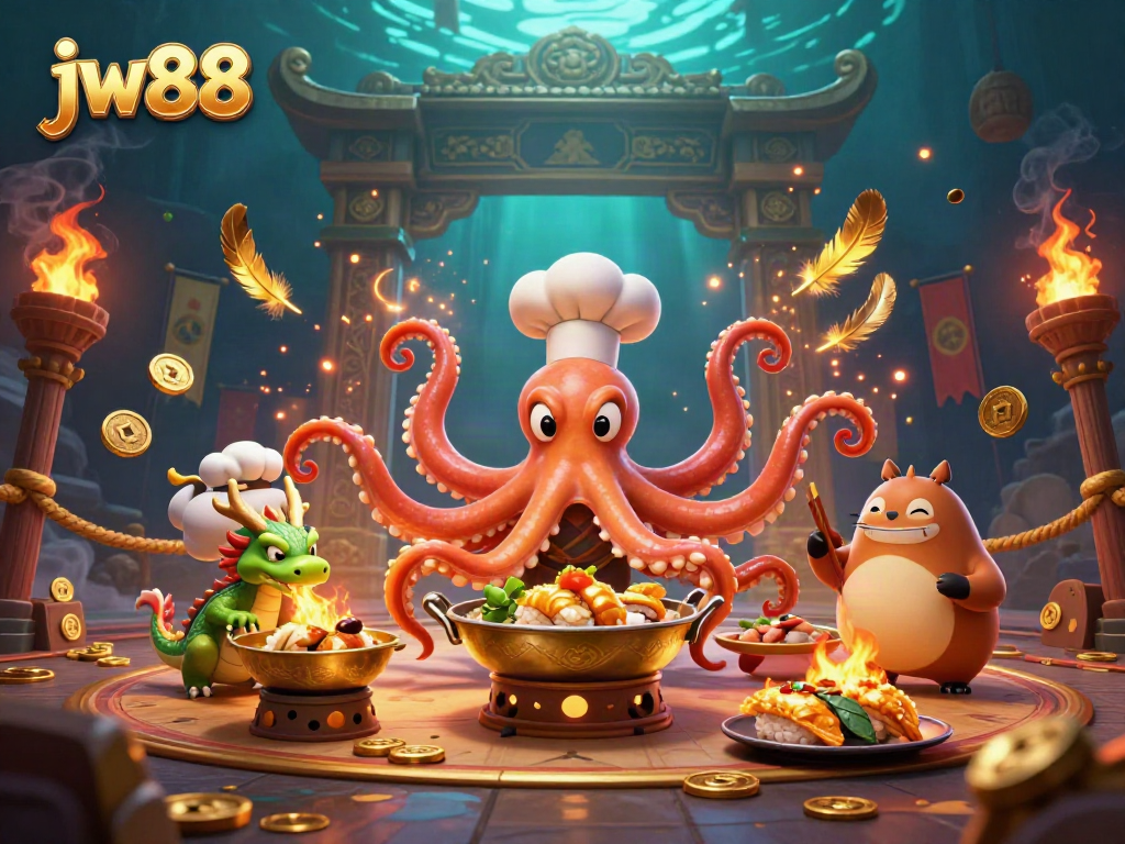 Engage in thrilling gameplay at JW88 with vibrant visuals of a dynamic casino scene featuring an octopus chef and dragon.