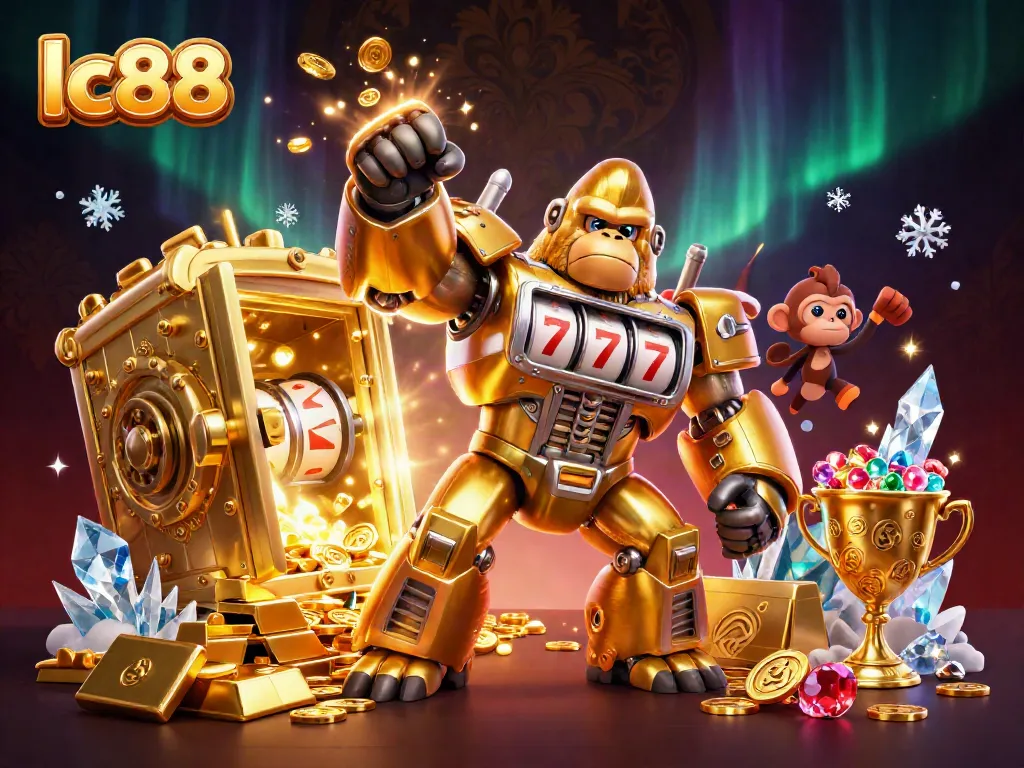 Win big with lc88 in a dynamic 3D casino illustration featuring vibrant slot machine elements.