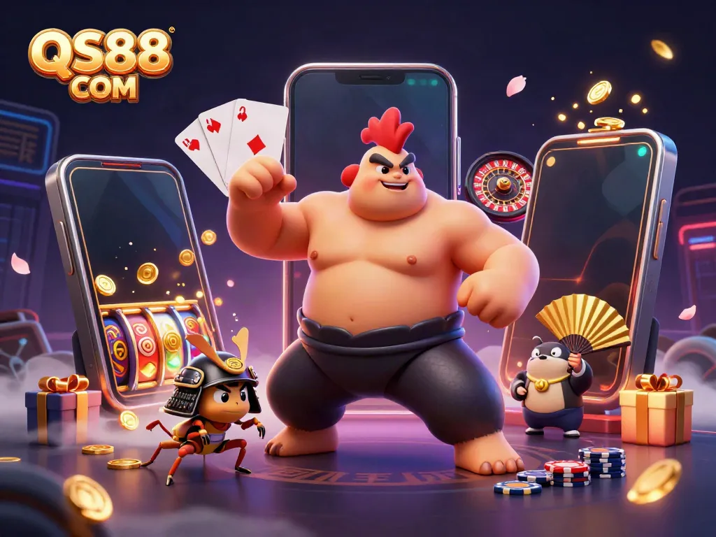 Engage with dynamic gambling action at QS88 COM, featuring characters in a vibrant 3D casino scene.