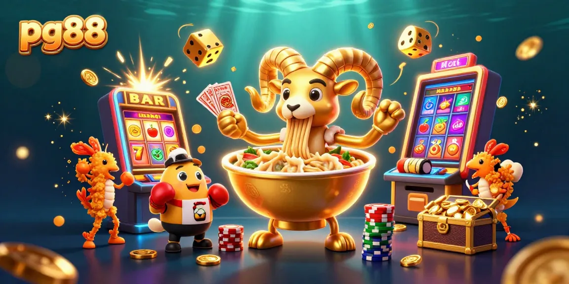 Experience the excitement of pg88 with a vibrant 3D illustration of a golden ramen bowl dealer and dynamic casino elements.