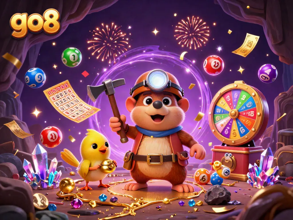 Experience thrilling games at go8 with a treasure hunter in a vivid cartoon casino scene, featuring colorful lottery elements.