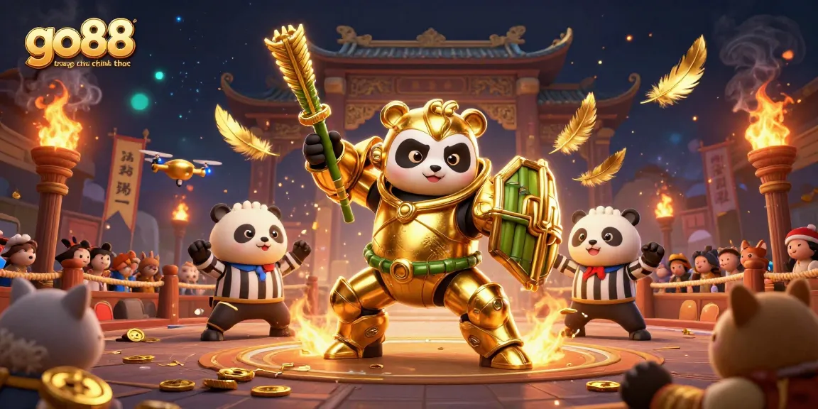 Engage with go88 trang chu chinh thuc's thrilling online gaming arena featuring a mech-suit panda battling amidst cheers and golden rewards.