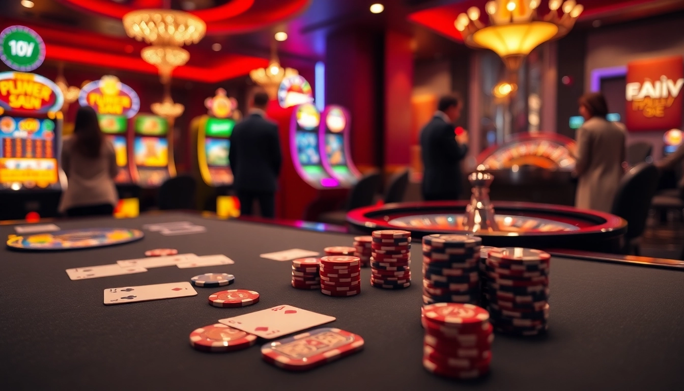 Exciting casino atmosphere showcasing Link vào Mm88 with poker chips, cards, and slot machines.