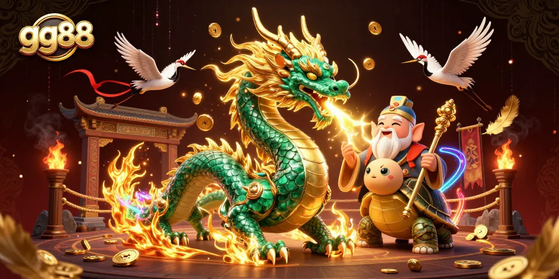 Experience thrilling gaming with gg88's dazzling 3D dragon and lucky cranes illustration.