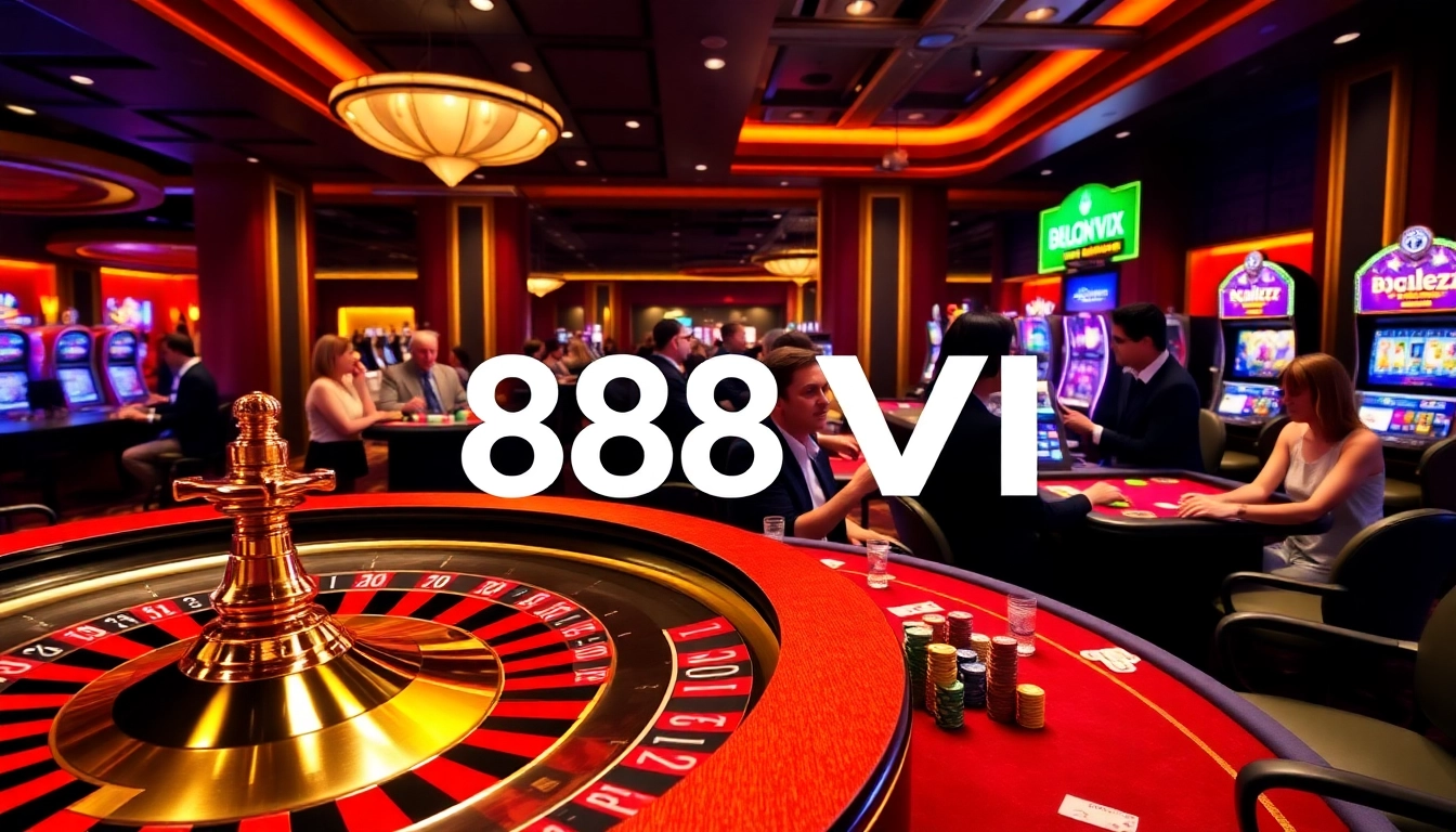 Players enjoying exciting games at 888VI online casino, with vibrant tables and roulette wheels.