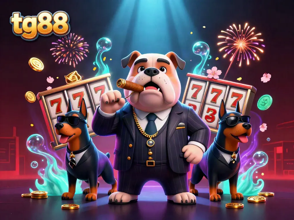 Experience the thrill of tg88 with a dynamic 3D gambling scene featuring a mafia bulldog and slot machines.