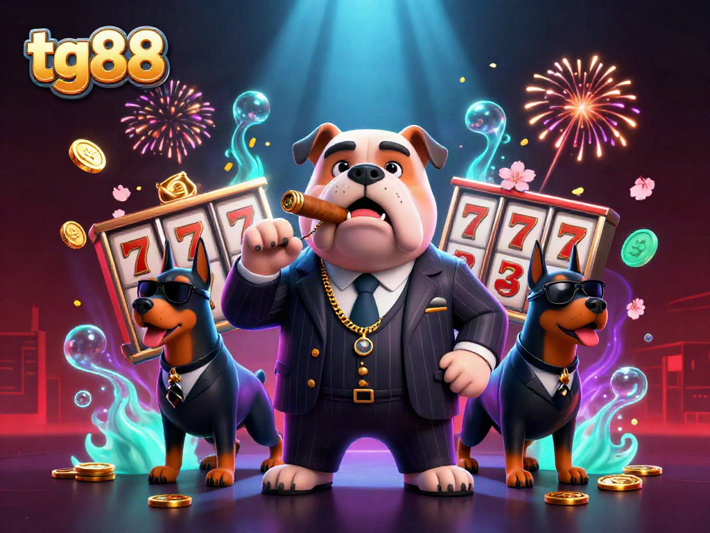 Experience the thrill of tg88 with a dynamic 3D gambling scene featuring a mafia bulldog and slot machines.