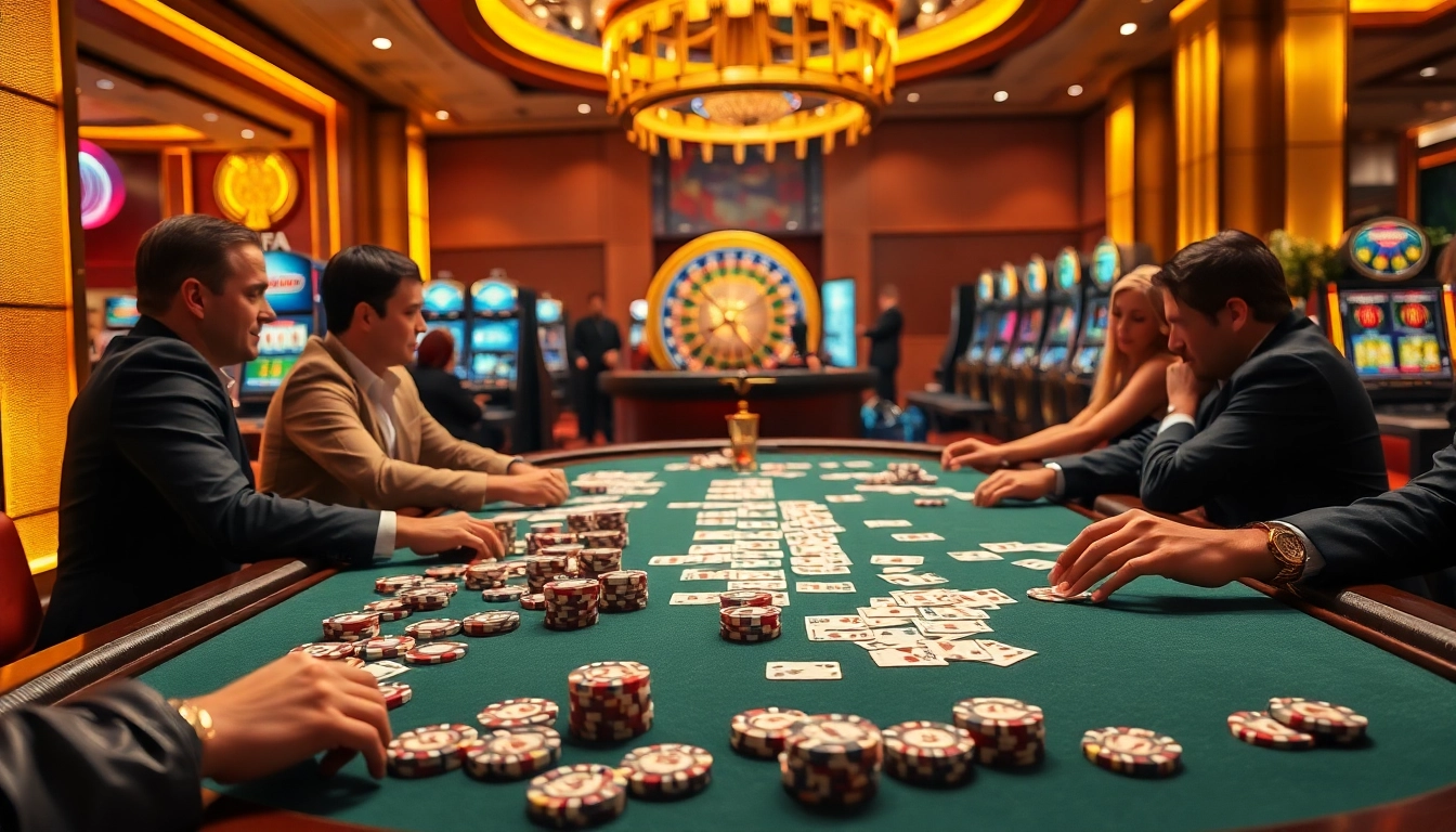 MMOO casino scene with players at a luxurious poker table and a lively roulette wheel.