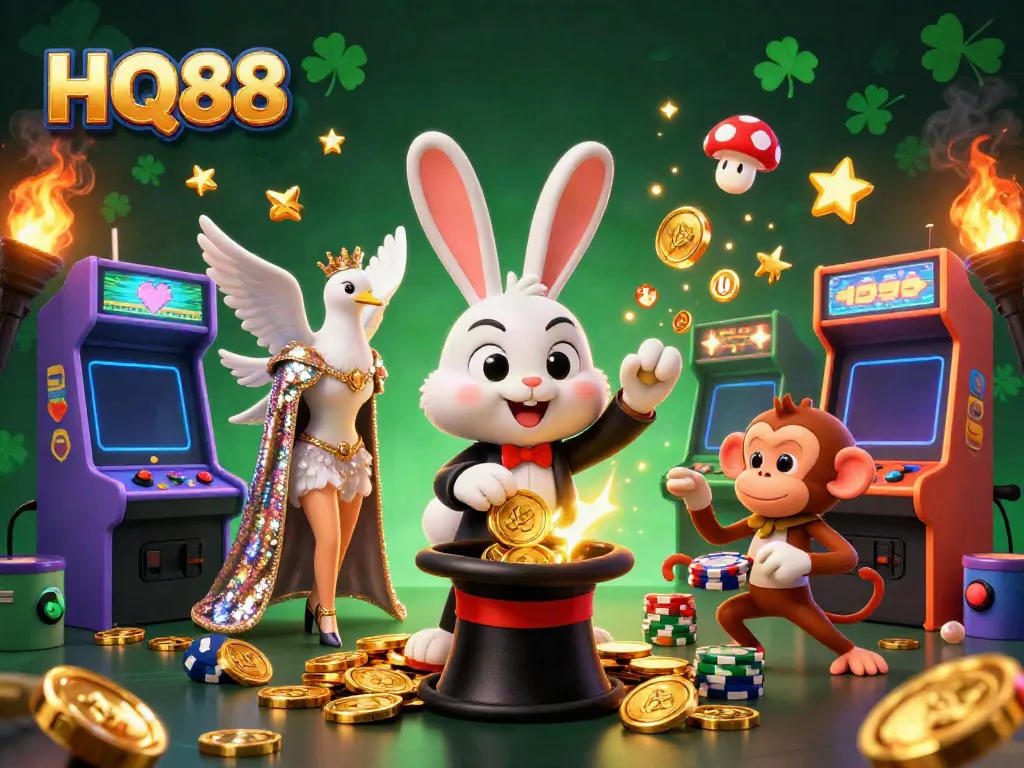 Experience HQ88 with a vibrant scene where a magician rabbit pulls golden coins while immersed in an arcade casino atmosphere.