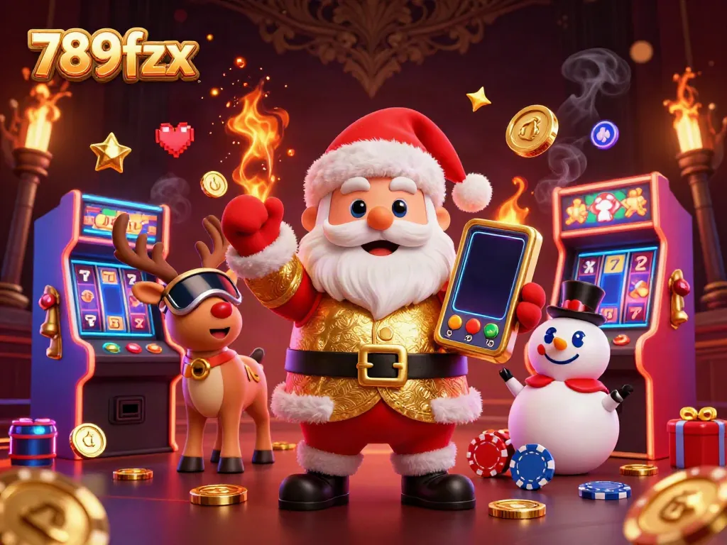 Experience the thrill of wins with 789fzx in this vibrant casino scene featuring Santa and friends.