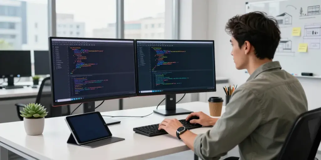 Developer coding instant indexing solutions in a bright tech workspace