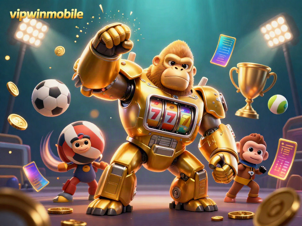Experience thrilling action with vipwinmobile's 3D gorilla mech and dynamic sports-themed elements.