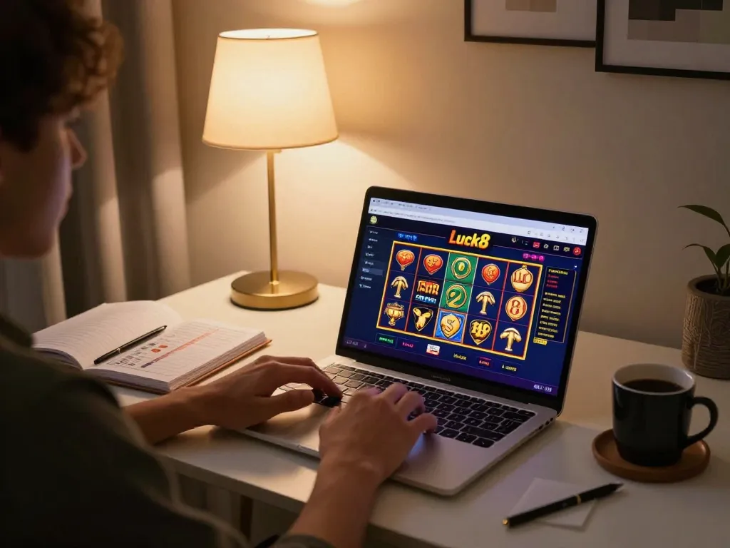 Engaging with Luck8 casino platform from home, blending strategy and comfort in online gambling.