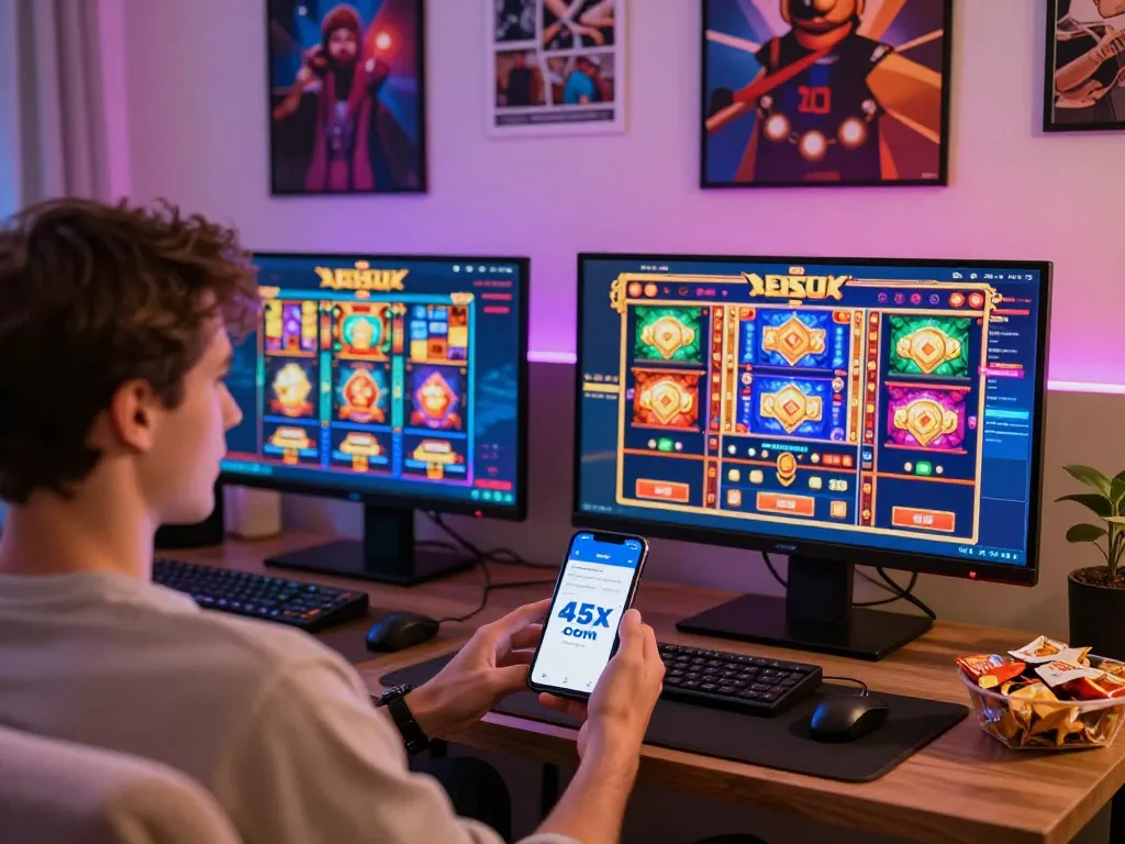 Engaging gaming scene showcasing 45x .com platform with user interacting and vibrant graphics.
