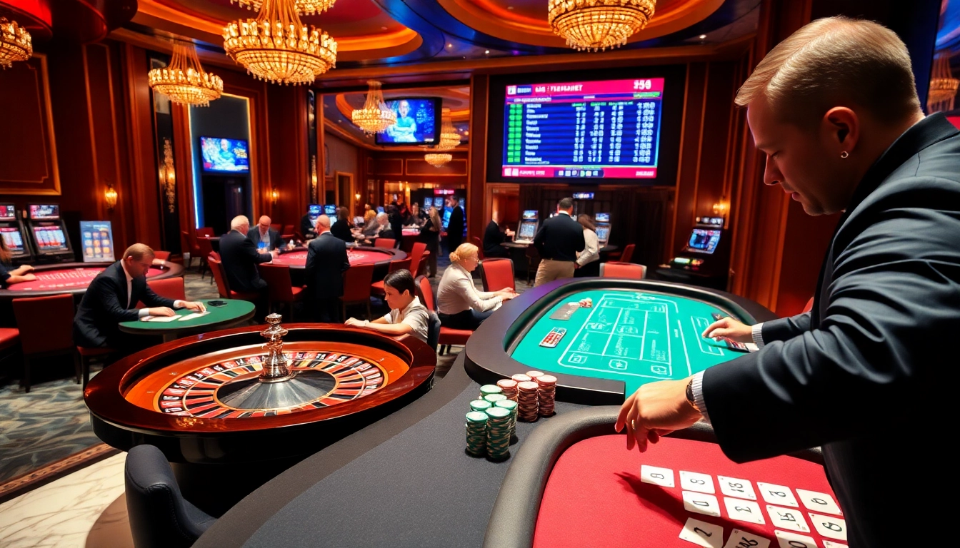 A dynamic scene at thienhabet casino with players engaged at a roulette table and vibrant betting action.