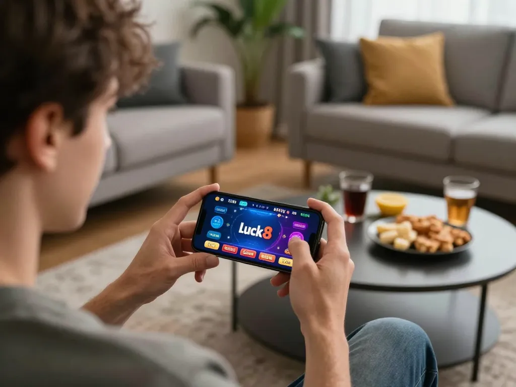 Engaging with the luck8 online casino app in a cozy home setting.