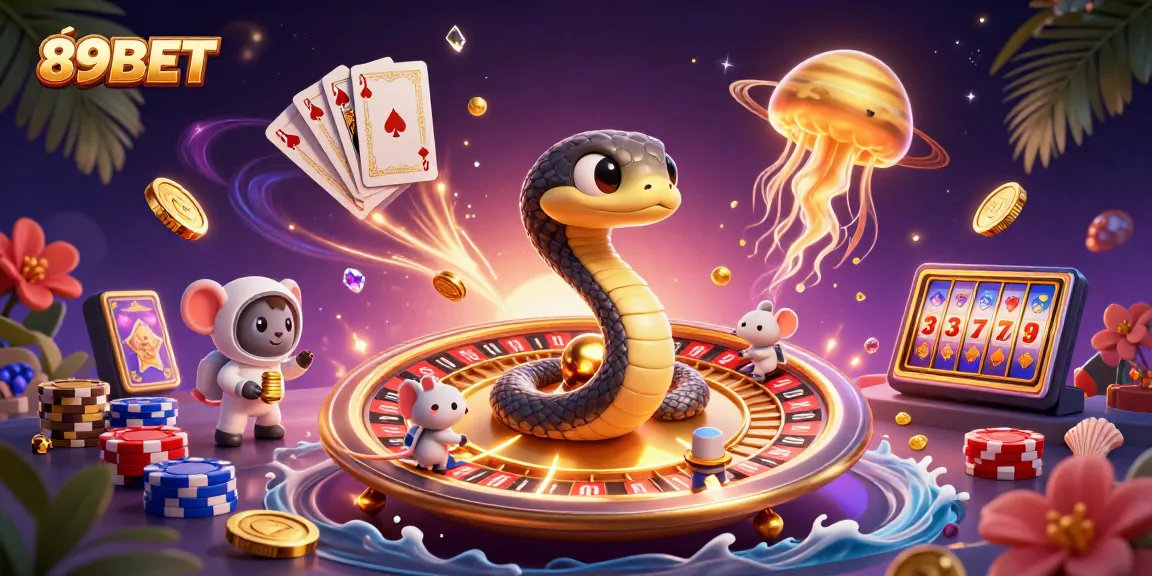 Experience the excitement of 89BET with 3D casino elements swirling in a vibrant digital illustration.