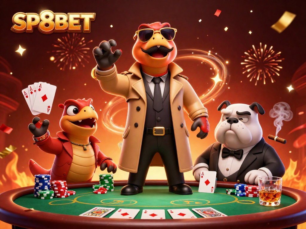 Join the excitement at SP8BET with raptors disguised as a player in a vibrant casino scene.