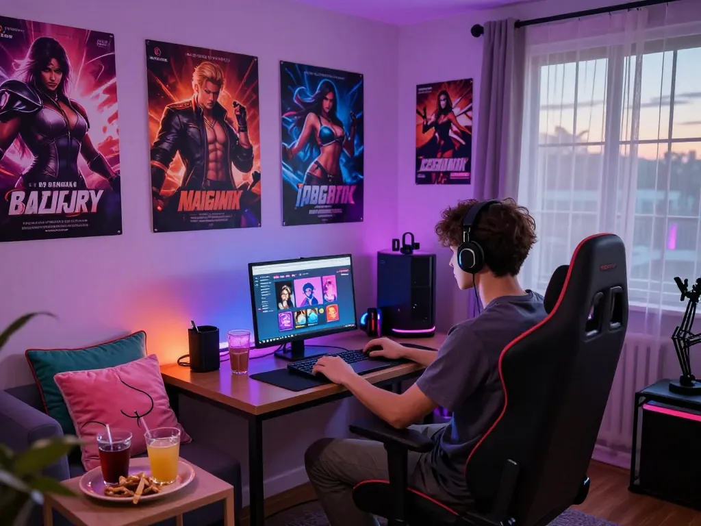 Engaging adult gaming environment featuring laptop and vibrant decor for playing porn games.