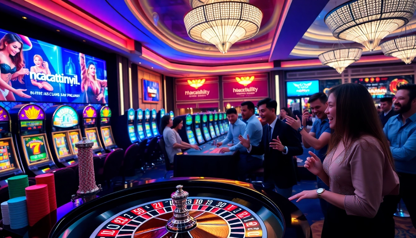 Excited players engaging in casino games at nhacaiuytinvl.com with roulette and slot machines.