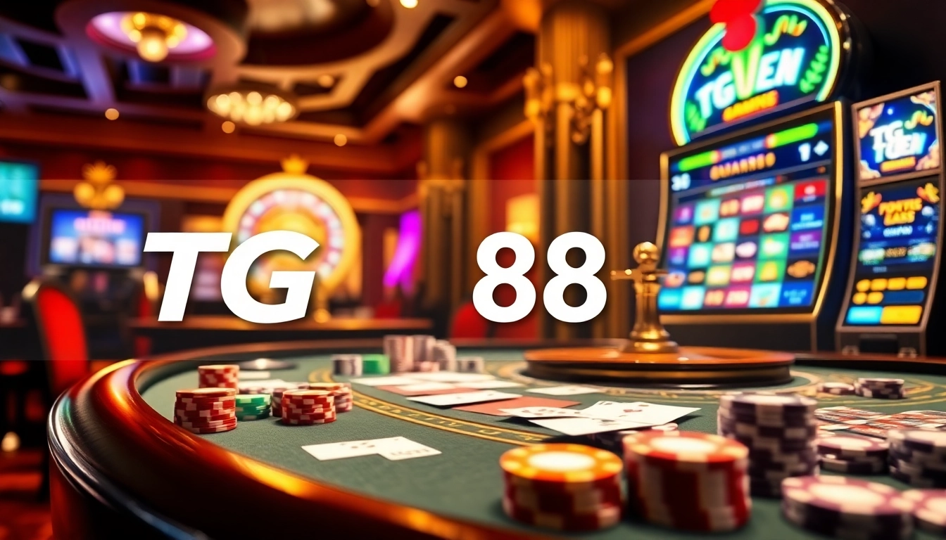 Gamblers enjoying a thrilling game with TG88 banner in a luxurious casino atmosphere.