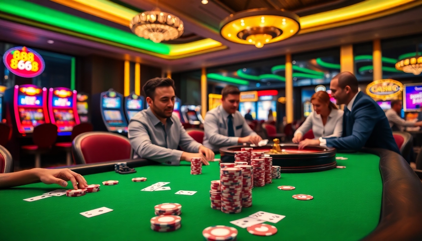 Players enjoying an exciting game at the 888b casino table with bright lights and colorful chips.