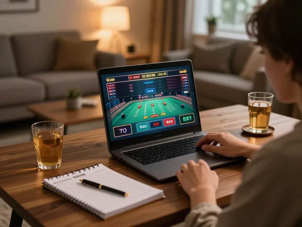 Player enjoying online gaming at f168.osaka with laptop, notes, and warm lighting for a cozy atmosphere.