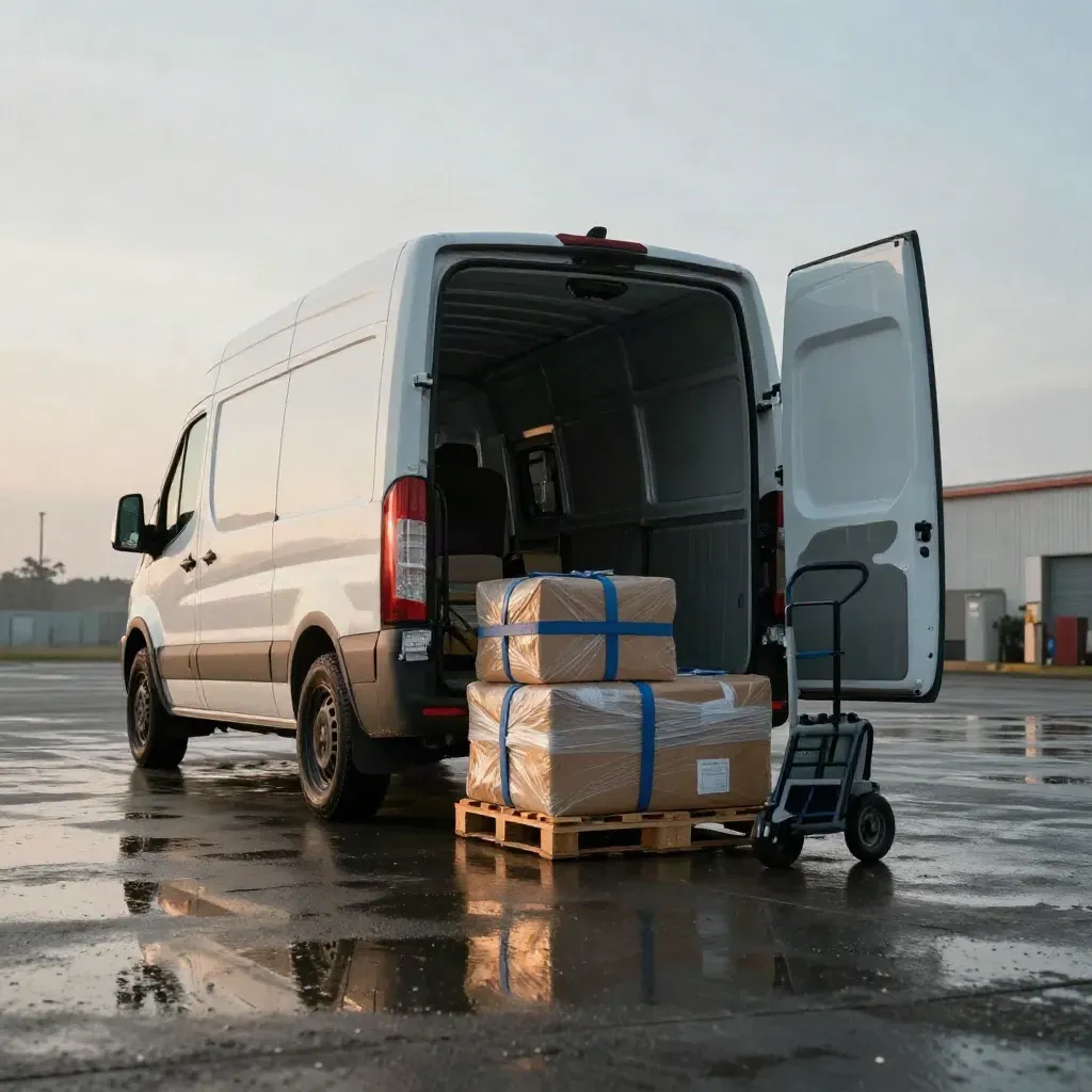 White courier van backing into a depot bay with open doors, parcels, hand truck and wet concrete at dawn.