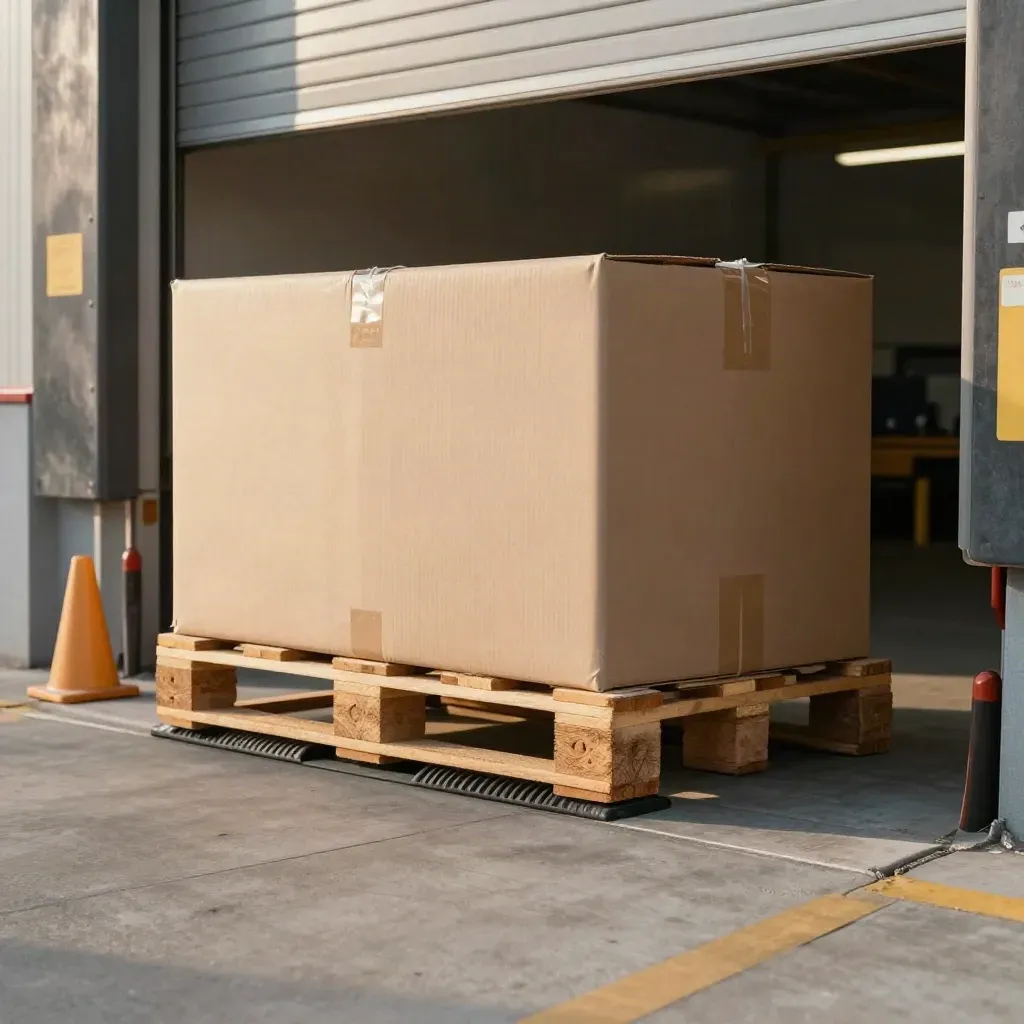 Sealed pallet box at a loading bay with bumper, cone, and shutter in warm warehouse light.