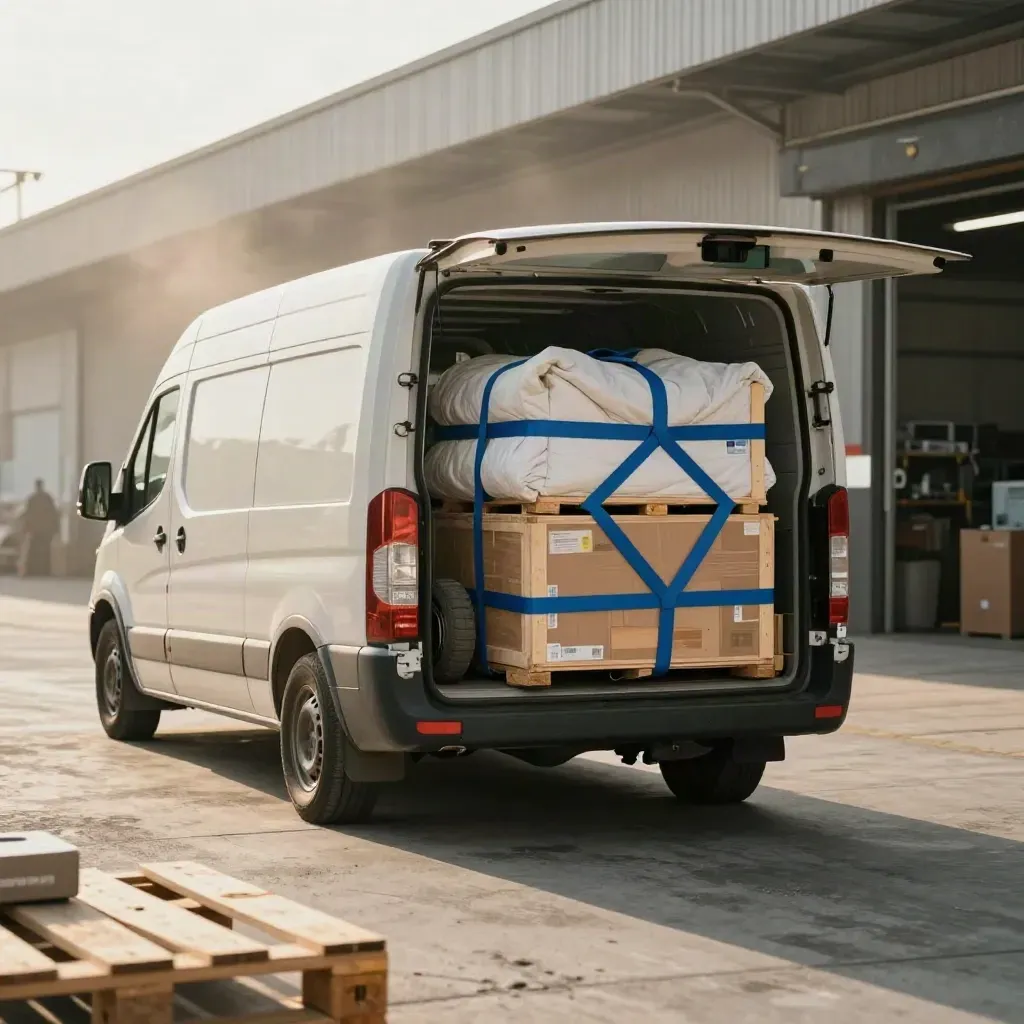 Loaded courier van settling in a warehouse bay, rear suspension compressed, cargo bay open.