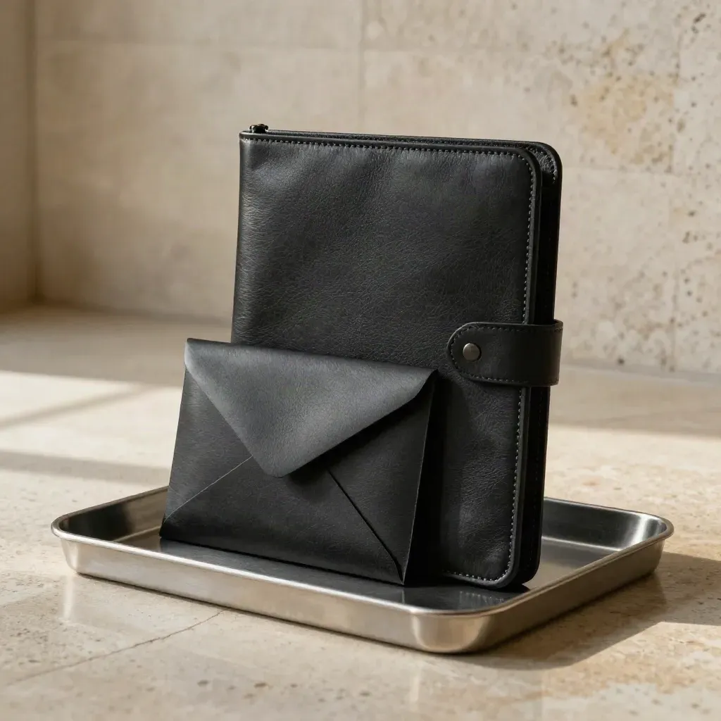 Black leather document pouch in a brushed-metal drop tray inside a pale stone office lobby.