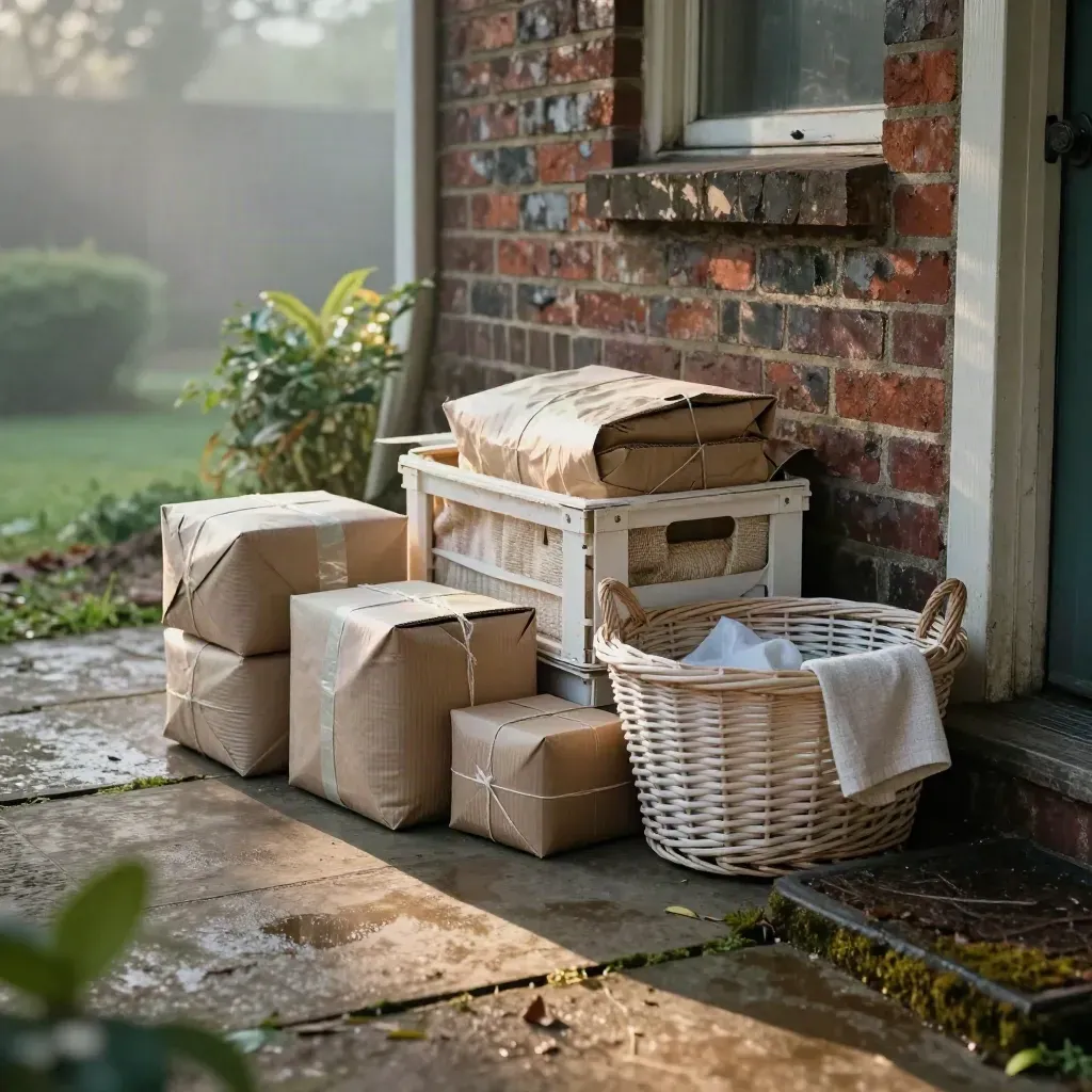 Small parcels, a white crate, and a wicker doorstep basket on a misty brick porch.