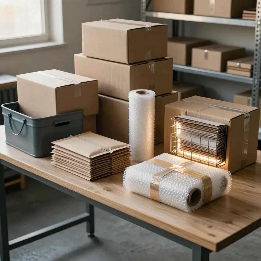 Late-night packing bench with boxes, mailers, bubble wrap and a lit order shelf.