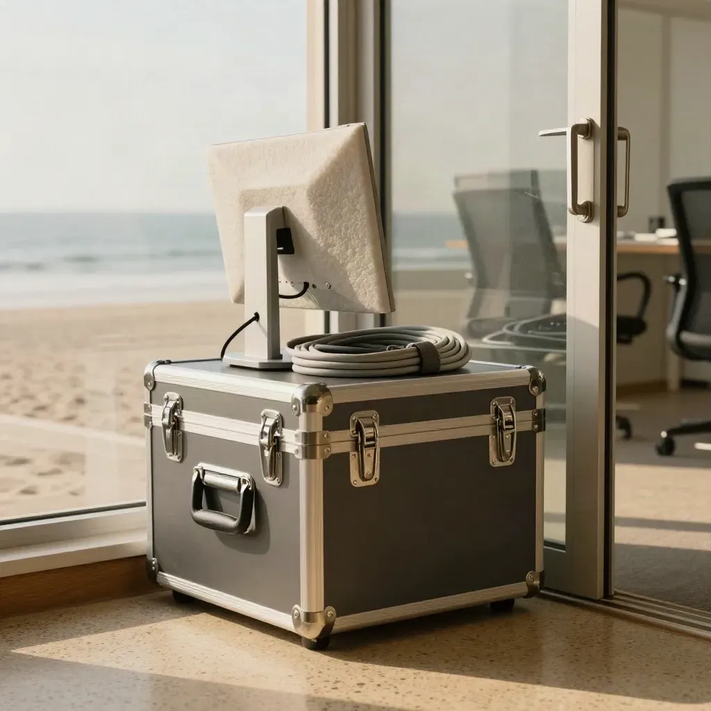 IT equipment case and monitor stand in a bright office reception corner by a glass meeting-room door.