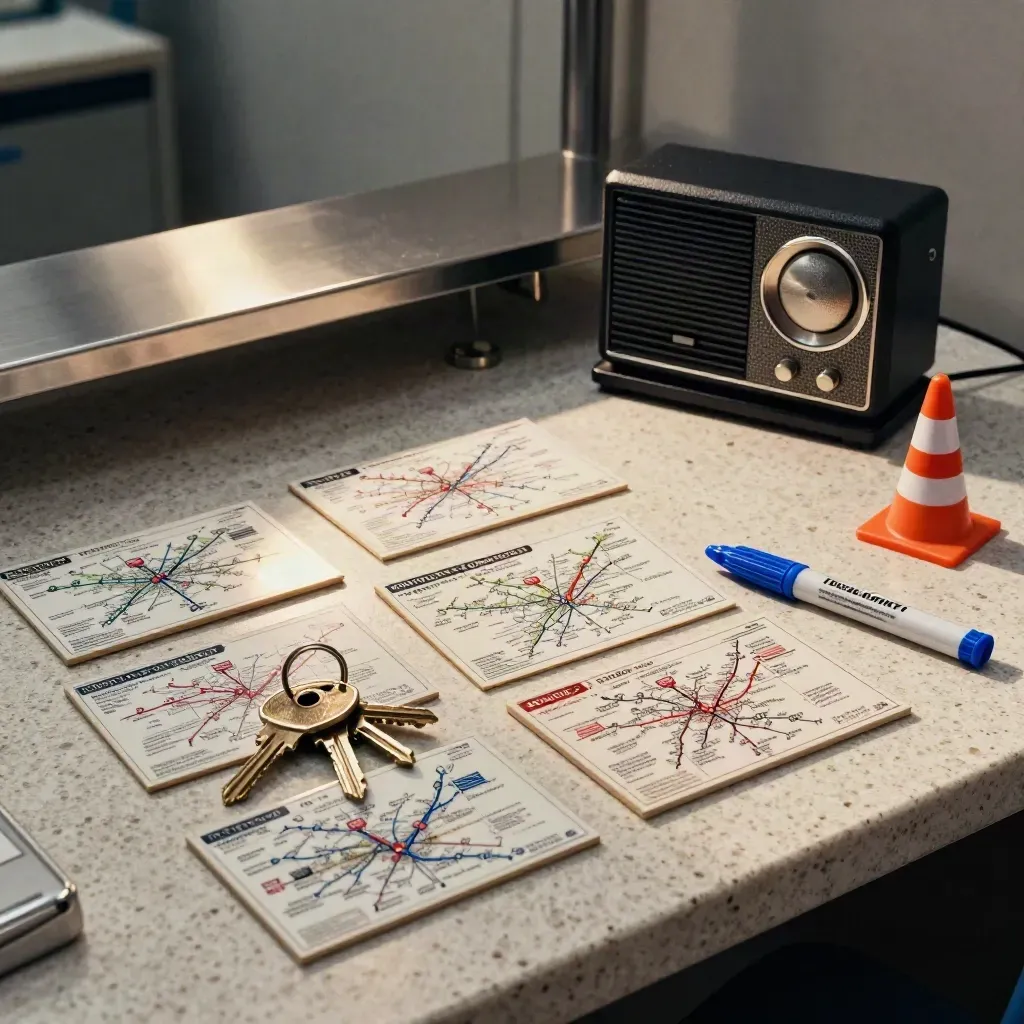 Dispatch desk still life with route magnets, radio charger, van keys and cone paperweight.