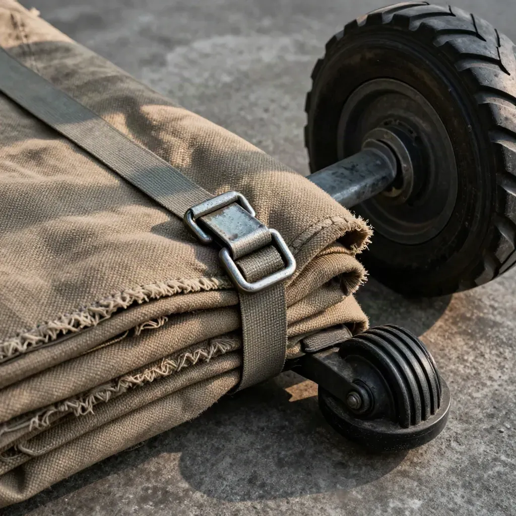 Macro of courier load gear on a concrete floor: strap buckle, cargo blanket, wheel chock and trolley wheel.