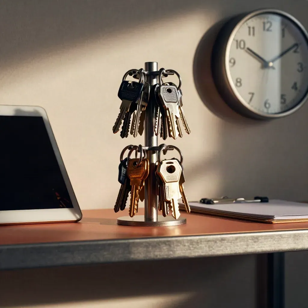 Fleet keys, tablet dock and clipboard in a terracotta depot still life