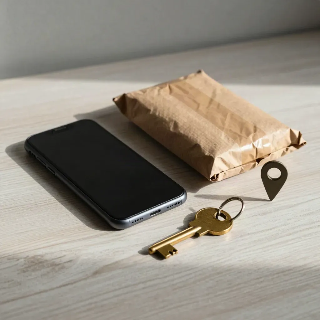 Top-down courier dispatch still life with phone, brass key, parcel corner and location pin on pale wood.