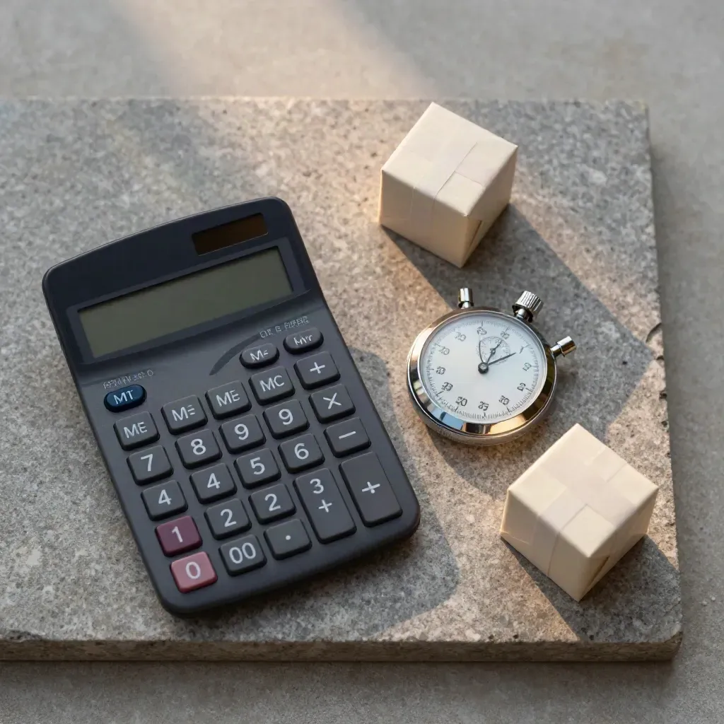 Overhead flatlay of calculator, stopwatch and parcel cubes on stone in warm side light.