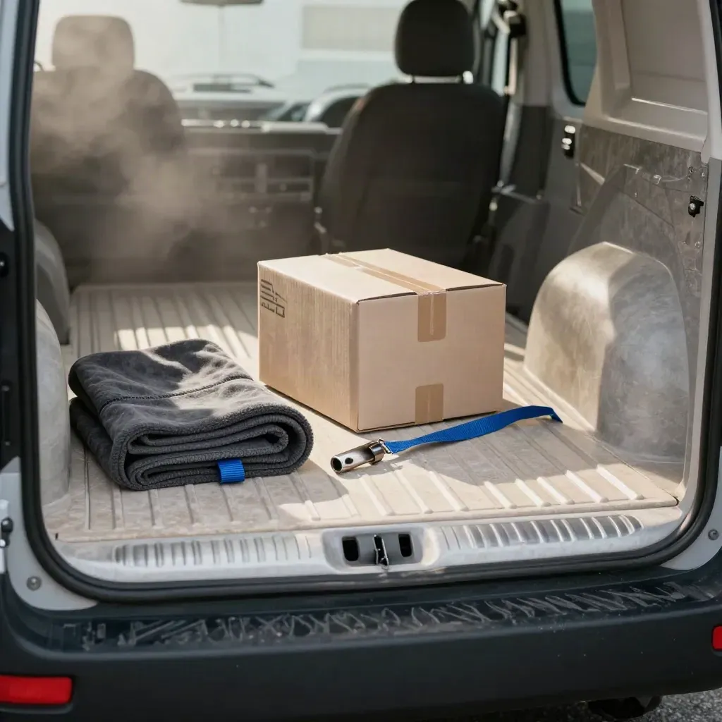 Open van cargo bay with sealed box, cargo blanket and strap in soft daylight.