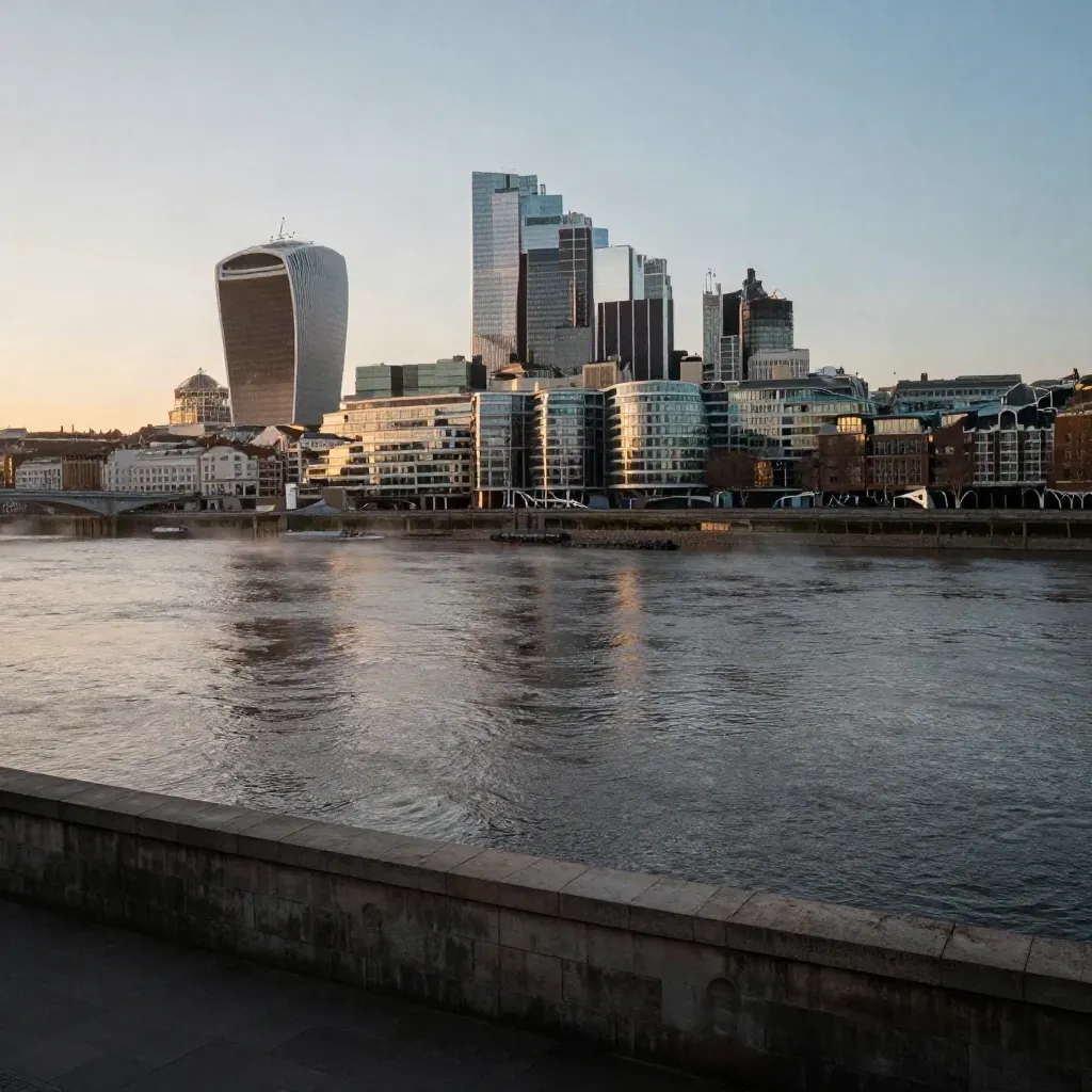Thames and London skyline fading into warm haze above calm river water at blue hour.
