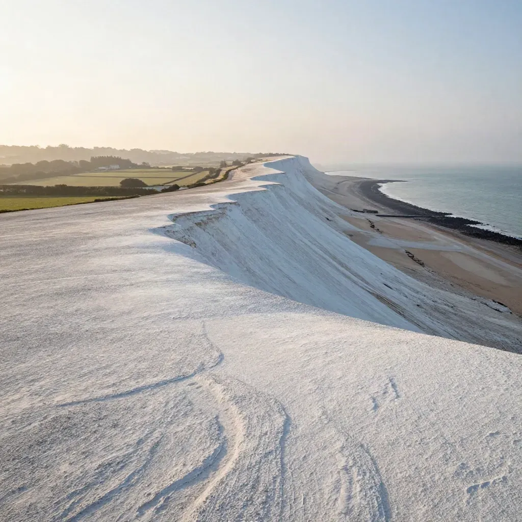 Misty chalk downs above a bright South East England coast at sunrise