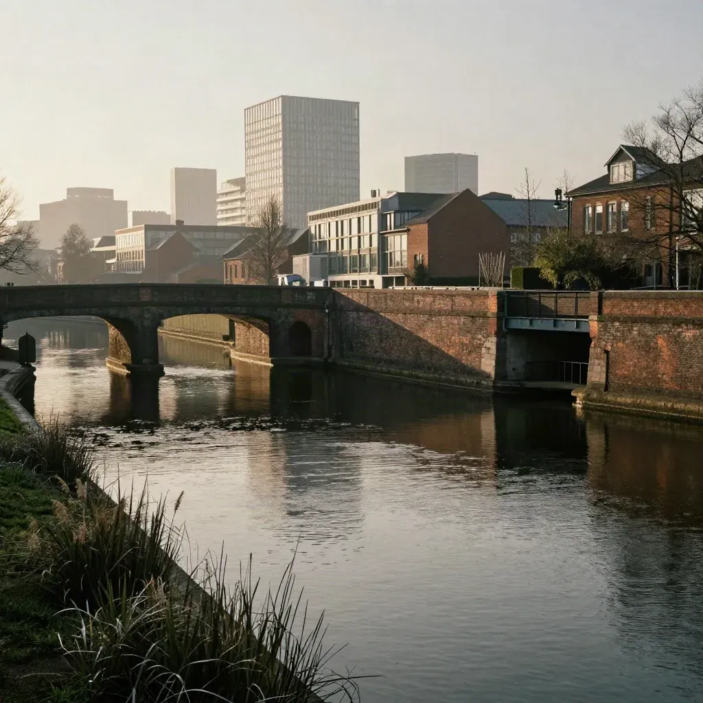 Birmingham canal, brick viaducts, and skyline in hazy golden light