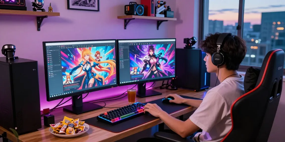Gamer immersed in a vibrant hentai games html experience, dual monitors displaying colorful game interfaces, cozy gaming setup.