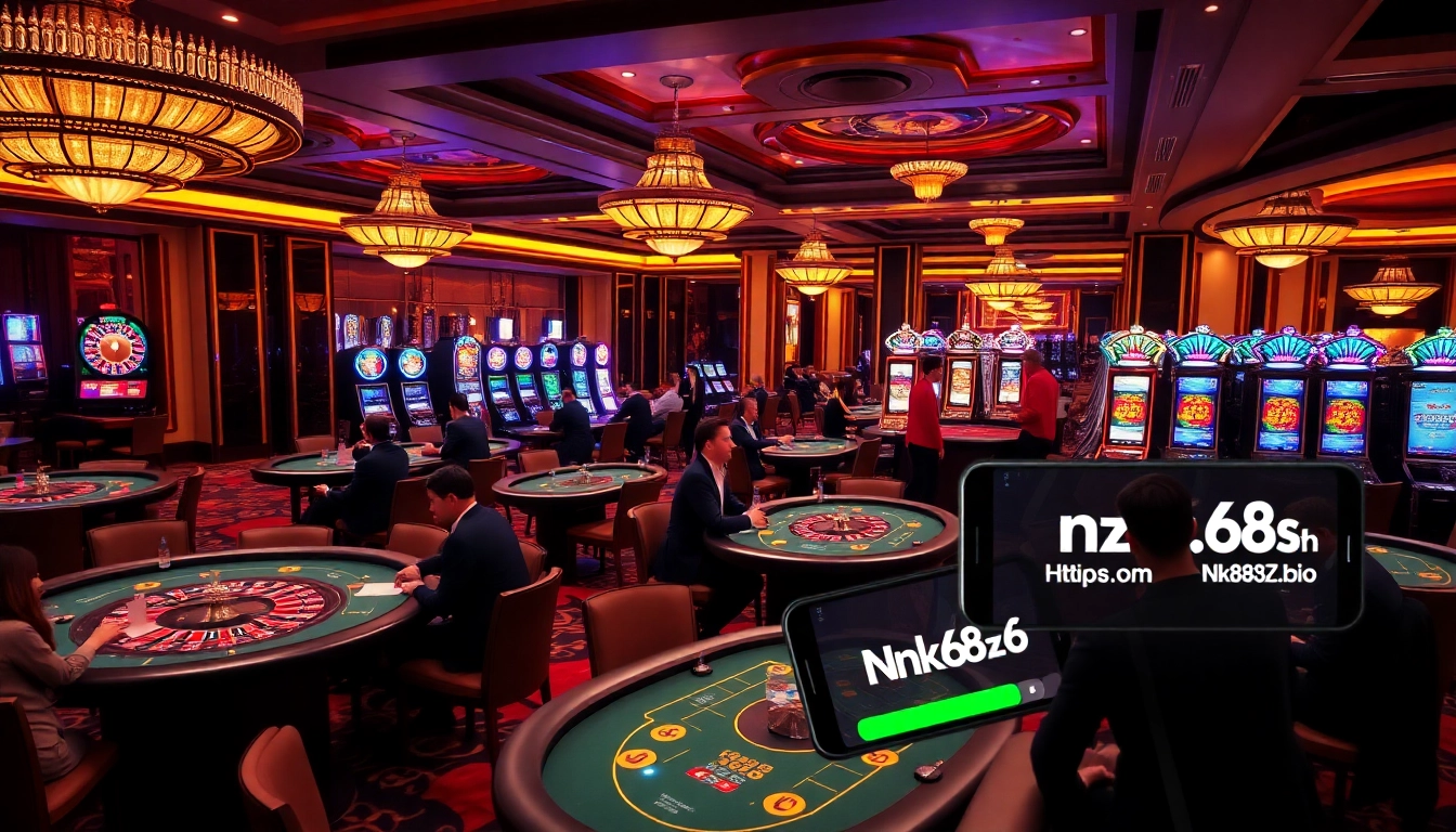 The thrill of playing poker in a luxurious casino setting, highlighting https://nk88zz.bio/ and the excitement of online gambling.