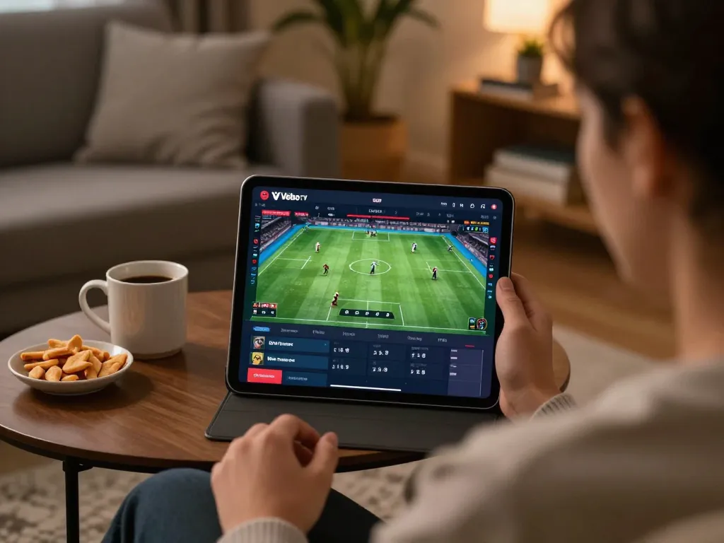 Person enjoying online sports betting with Vebo TV interface displayed on their tablet in a cozy living room.