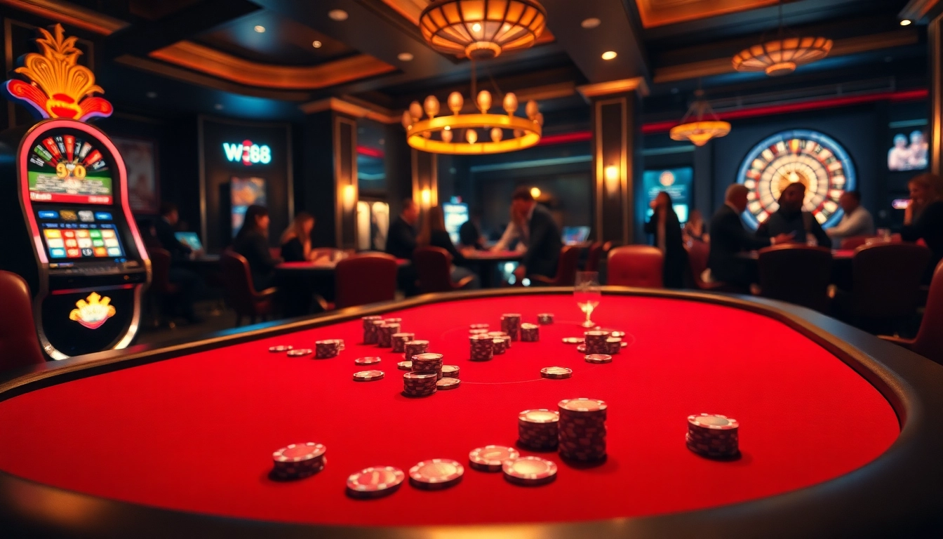 Experience thrilling gameplay at W188's luxurious casino with vibrant poker tables and slot machines.