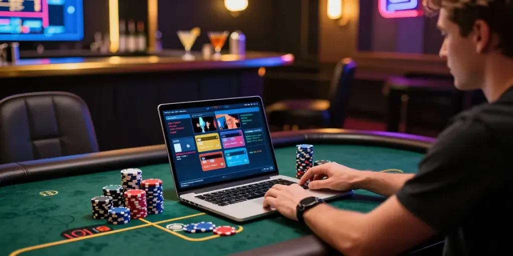 Player enjoying an online casino experience with credit cards while vibrant ambient lights enhance the excitement.