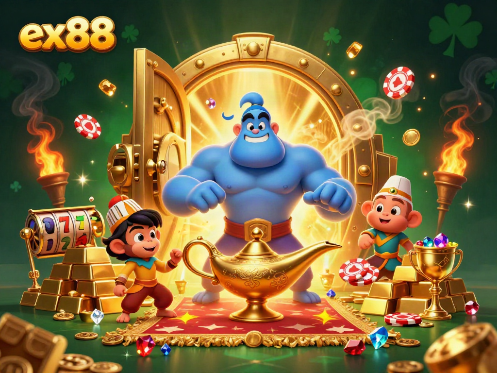 Engage in ex88 gaming excitement with a vibrant 3D casino illustration featuring a genie and treasures.