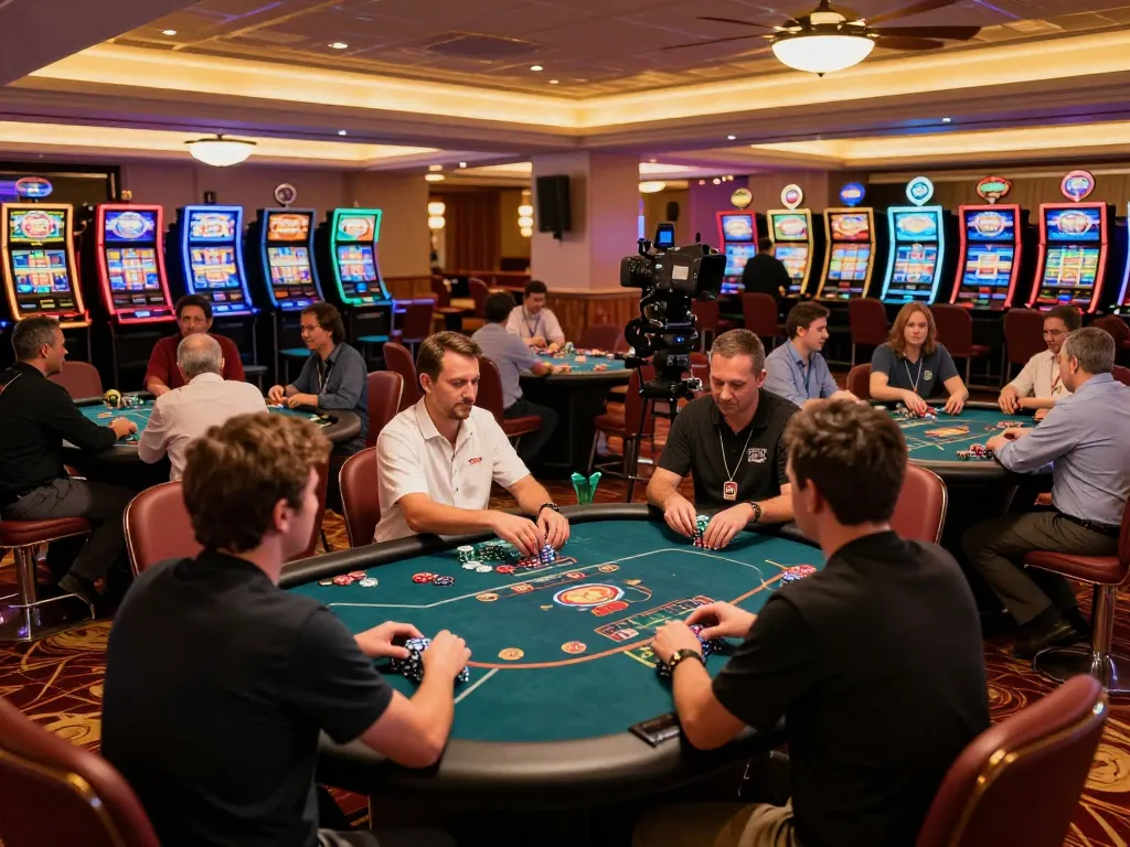 Experience the excitement at TR88 casino with players engaged at poker tables and vibrant slot machines.
